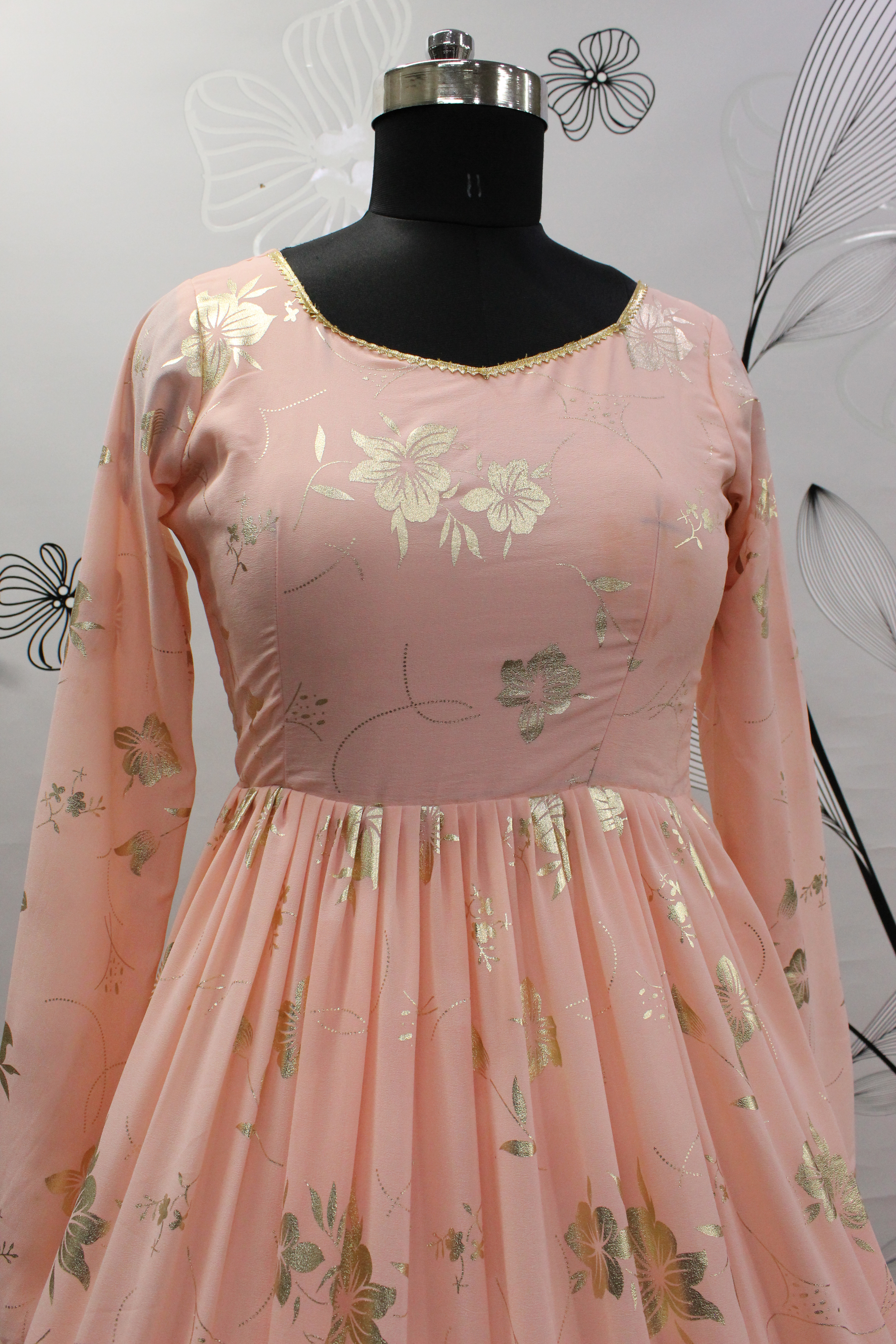 Peach Partywear Metallic Foil Work Georgette Gown